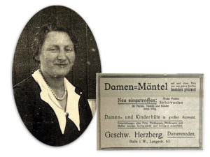 Ida Herzberg Damenmoden. Foto und Inserat um 1928. Boykott jüdischer Geschäfte im April 1933.