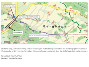 Karte des Fluchtweges NS-Verfolgter über den Teutoburger Wald bei Ascheloh (Halle/Westfalen)